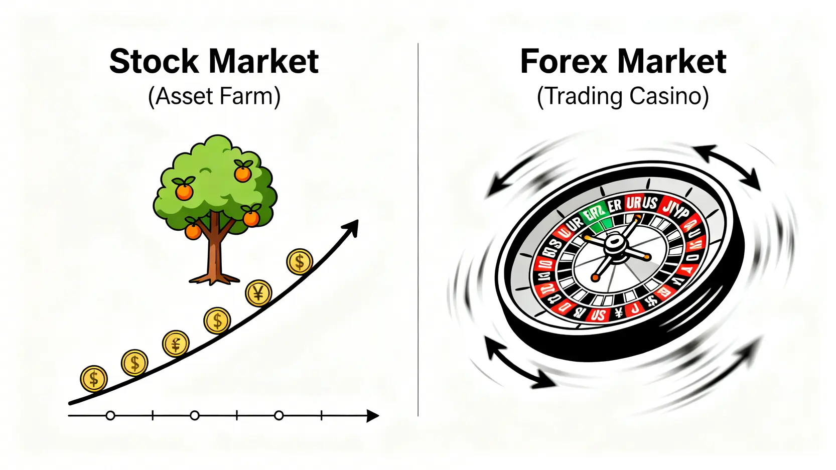 股票市場與外匯市場的本質區別對比圖,左側是穩定增長的資產樹,右側是快速波動的貨幣輪盤。