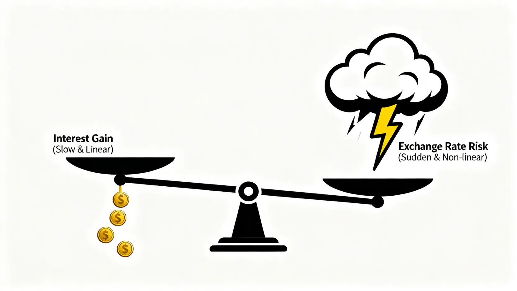 套息交易風險示意圖,天秤一邊是緩慢累積的利息收益,另一邊是可能突然發生的巨大匯率風險。