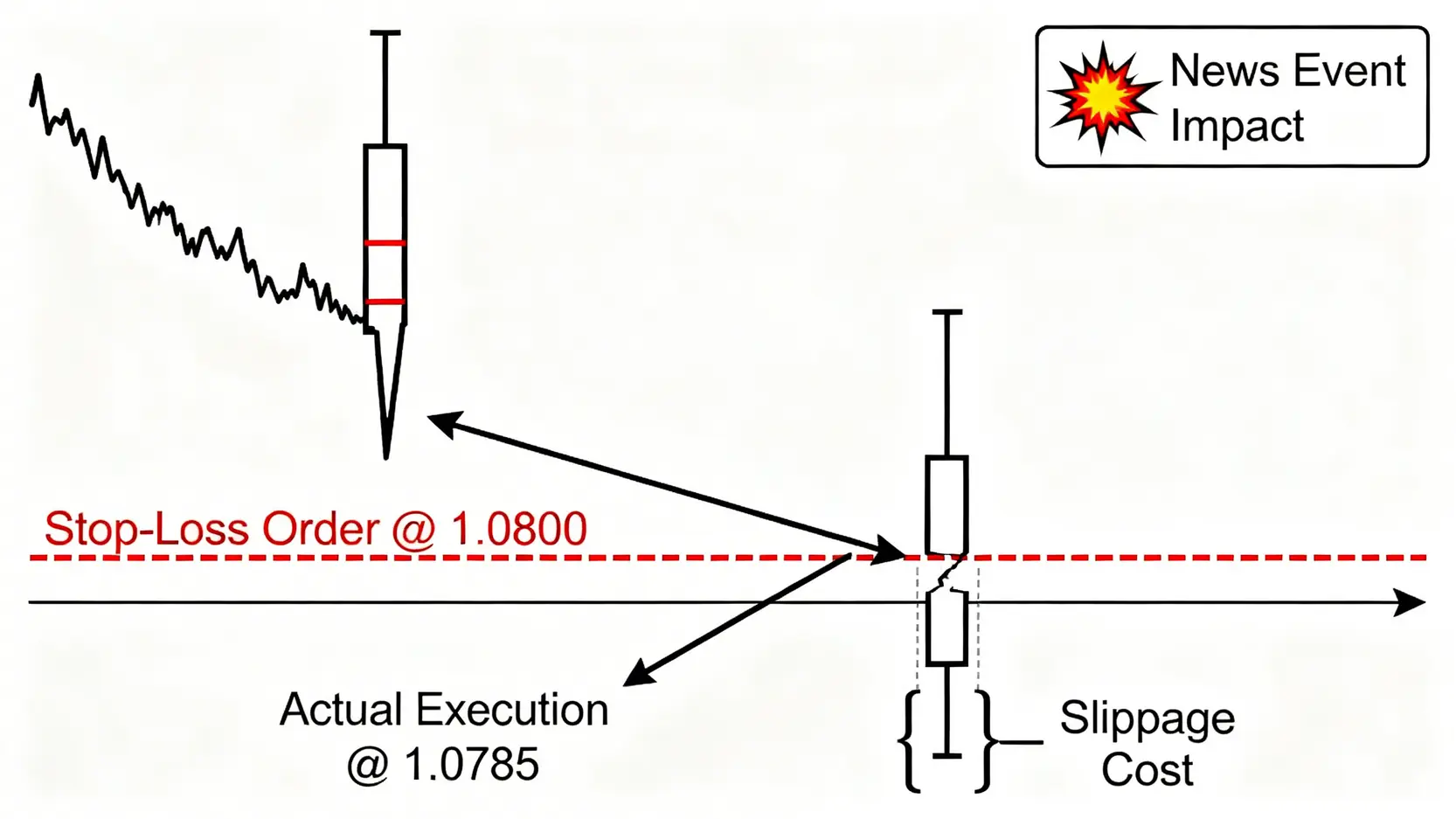 交易滑點示意圖,展示在重大新聞發佈後,市場價格跳空導致止損訂單在比預期更差的價位成交。