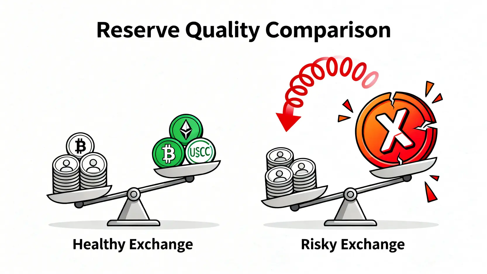 乾淨儲備與平台幣儲備的對比圖,顯示健康的交易所資產多元,而風險高的交易所過度依賴自身平台幣,形成風險螺旋。