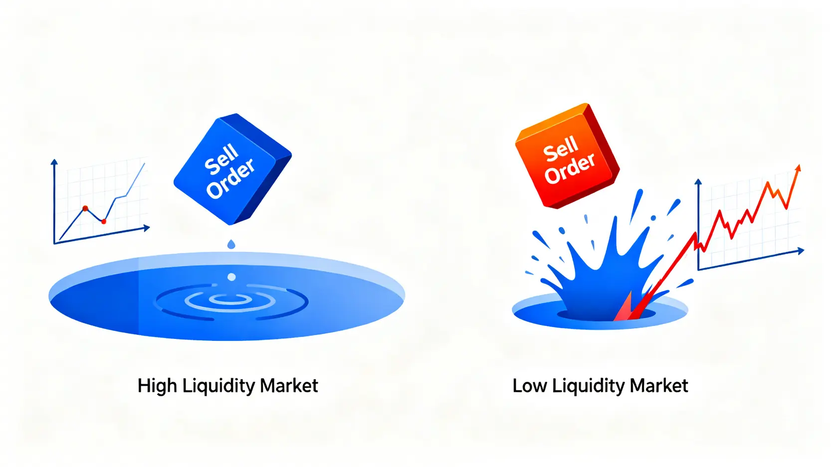 高流動性與低流動性市場對比圖,展示了大額賣單在深度好的市場中影響甚微,但在深度差的市場中會造成巨大的價格滑點。
