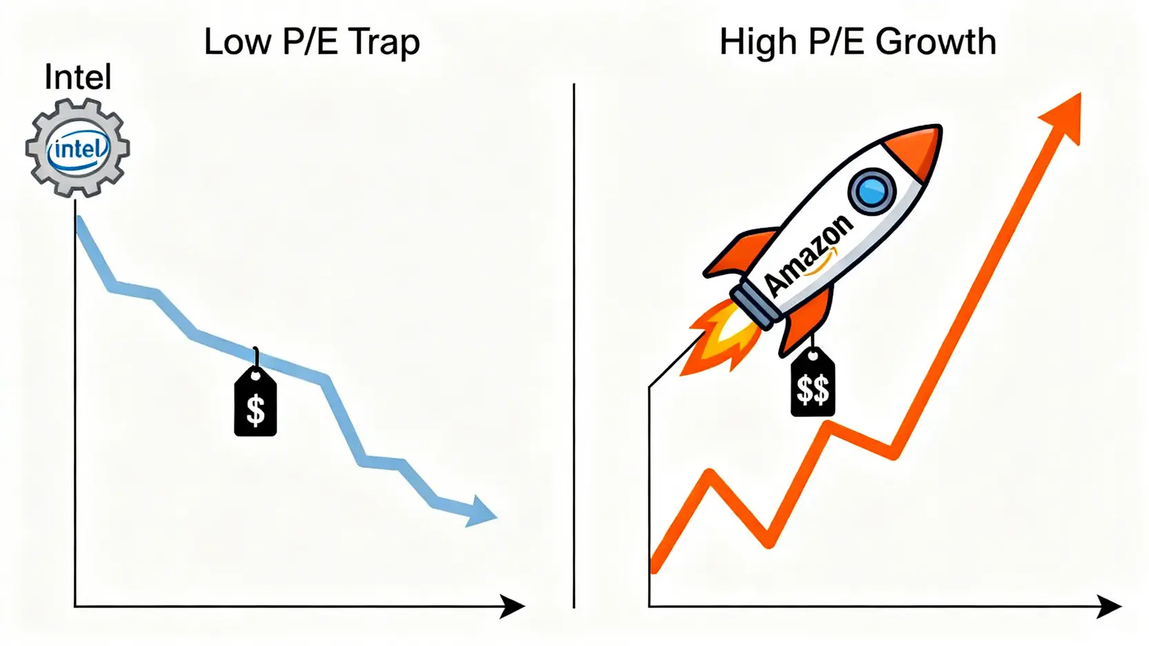 亞馬遜與英特爾的本益比陷阱對比圖,顯示高本益比的亞馬遜股價增長,而低本益比的英特爾股價停滯。