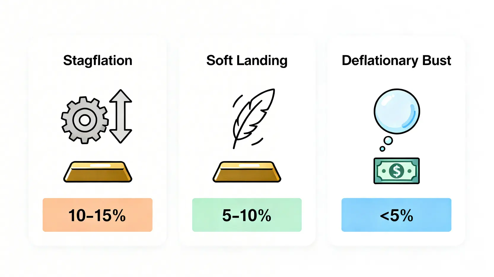 三大宏觀經濟劇本對應的黃金配置策略圖:停滯性通膨、軟著陸與通縮蕭條。