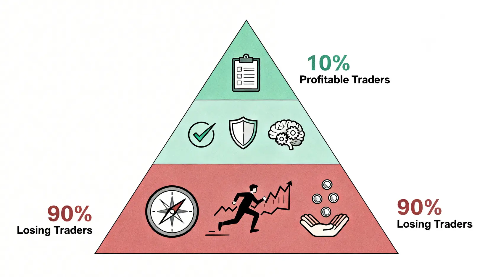 成功與失敗交易者的金字塔對比圖,顯示僅有10%的交易者擁有交易系統並獲利。