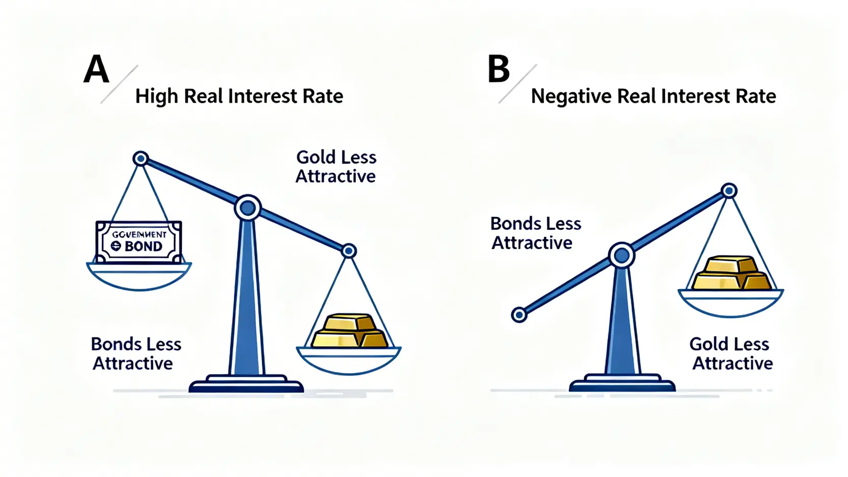 圖解實質利率與黃金吸引力的翹翹板效應:高利率時債券更有吸引力,負利率時黃金更有吸引力。