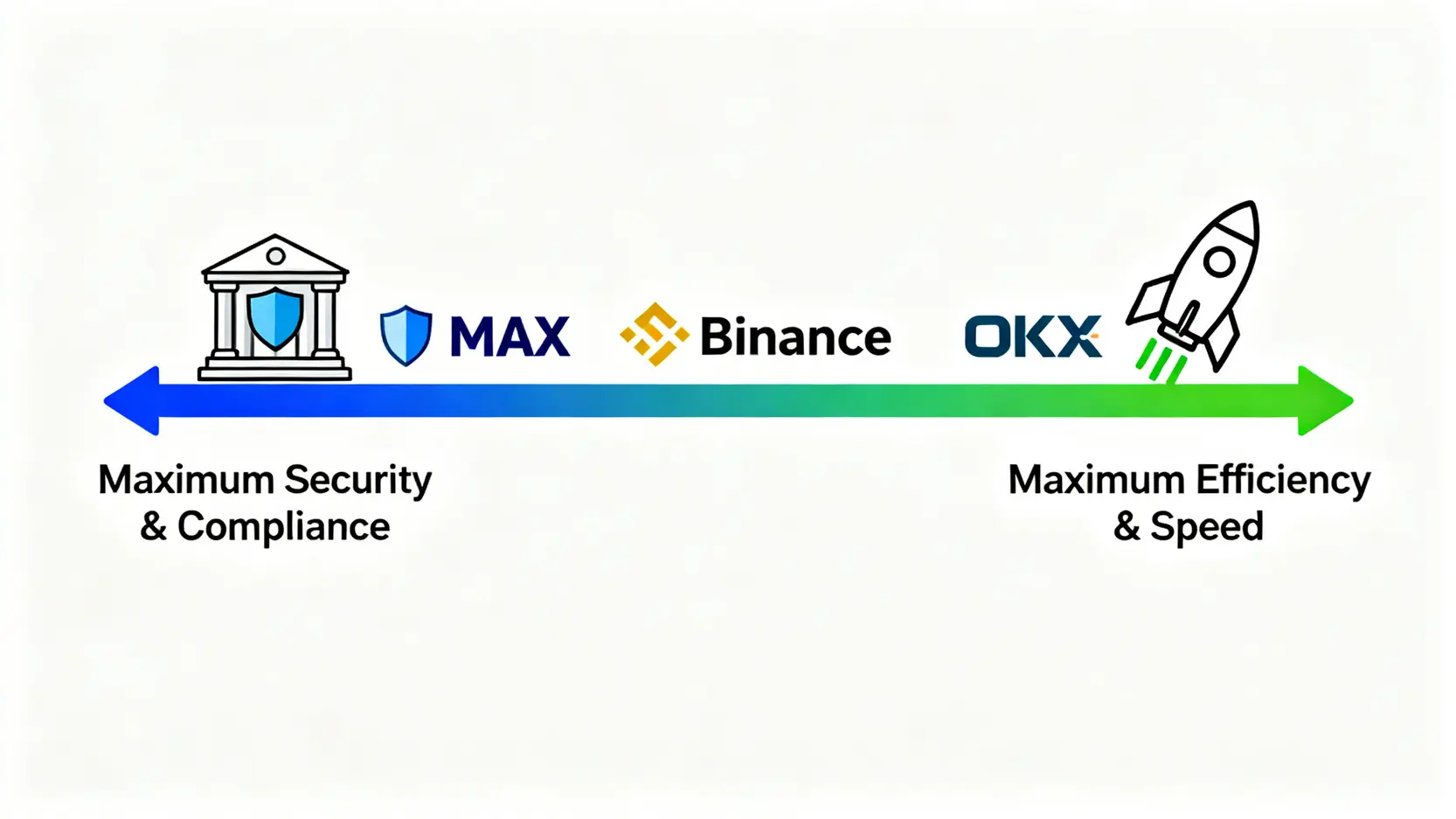 一個比較三大交易所的光譜圖,左端是代表安全的MAX,右端是代表效率的OKX,幣安位於中間。