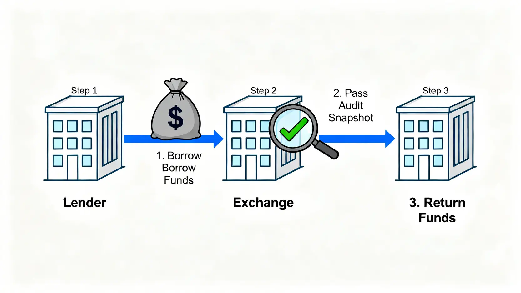 一張流程圖,展示交易所如何通過臨時借貸來偽造儲備證明報告的三個步驟。