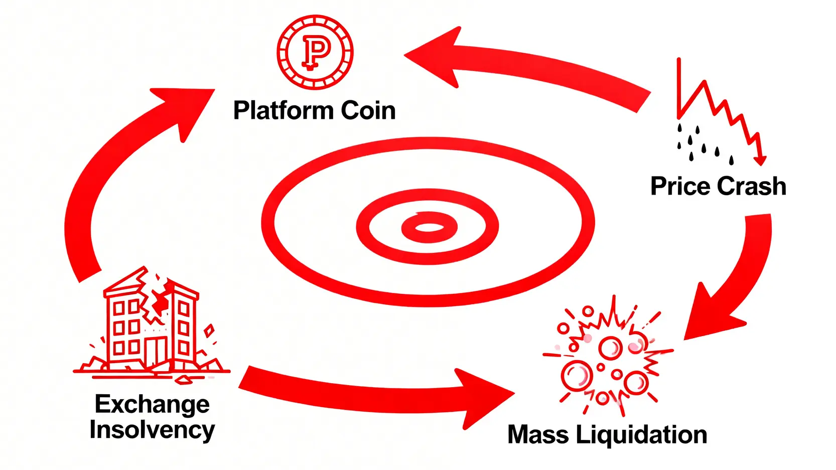 一張示意圖,描繪了平台幣作為抵押品時可能引發的死亡螺旋,從價格暴跌到交易所破產的惡性循環。
