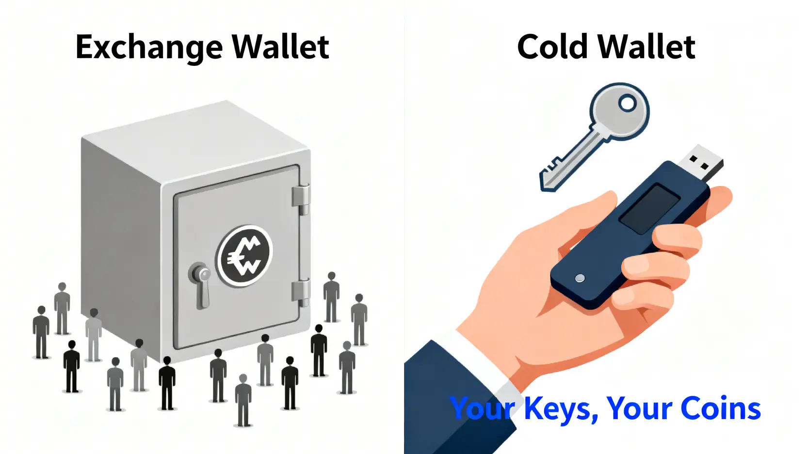 一張對比圖,左邊是存放在交易所的資金,用戶沒有控制權;右邊是存放在冷錢包的資金,用戶掌握著私鑰。