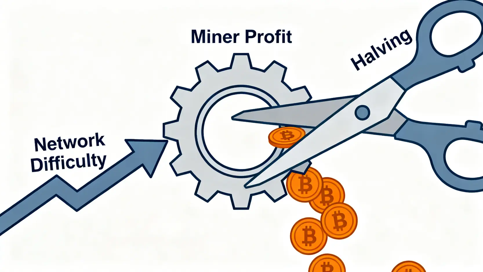 一張概念圖,展示比特幣礦工利潤受到網絡難度上升和區塊獎勵減半的雙重擠壓。
