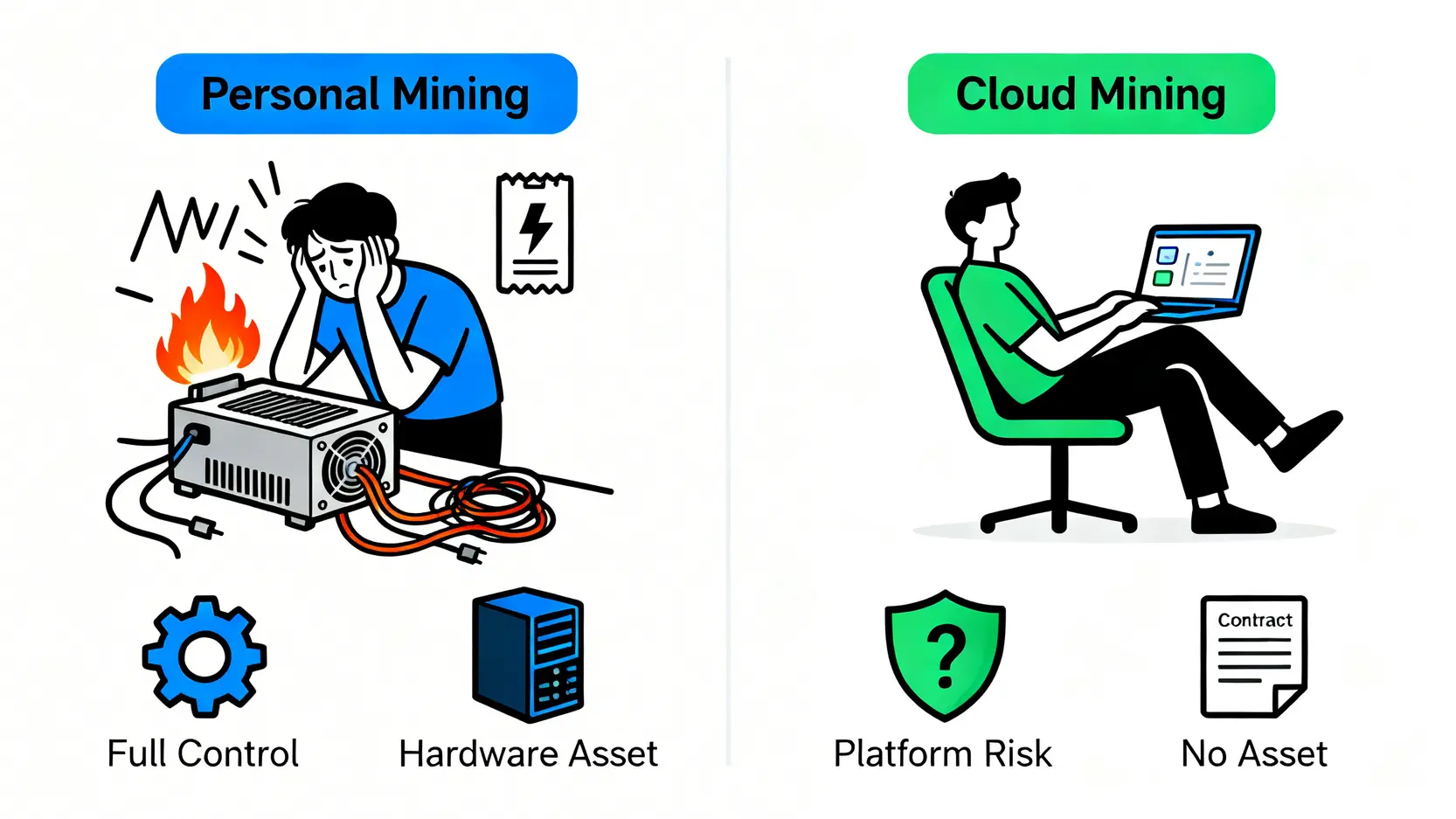 一張對比圖,左邊是複雜且昂貴的個人ASIC挖礦,右邊是簡單但有平台風險的雲端挖礦。