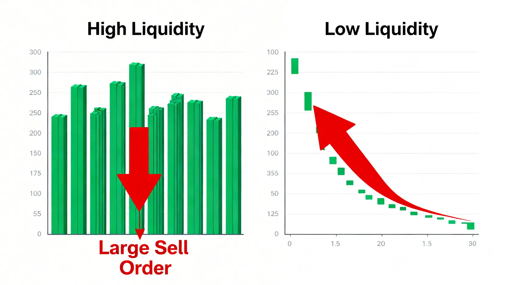 高流動性與低流動性對比圖。一個大額賣單在高流動性市場中對價格影響很小,但在低流動性市場中會導致價格大幅下跌。