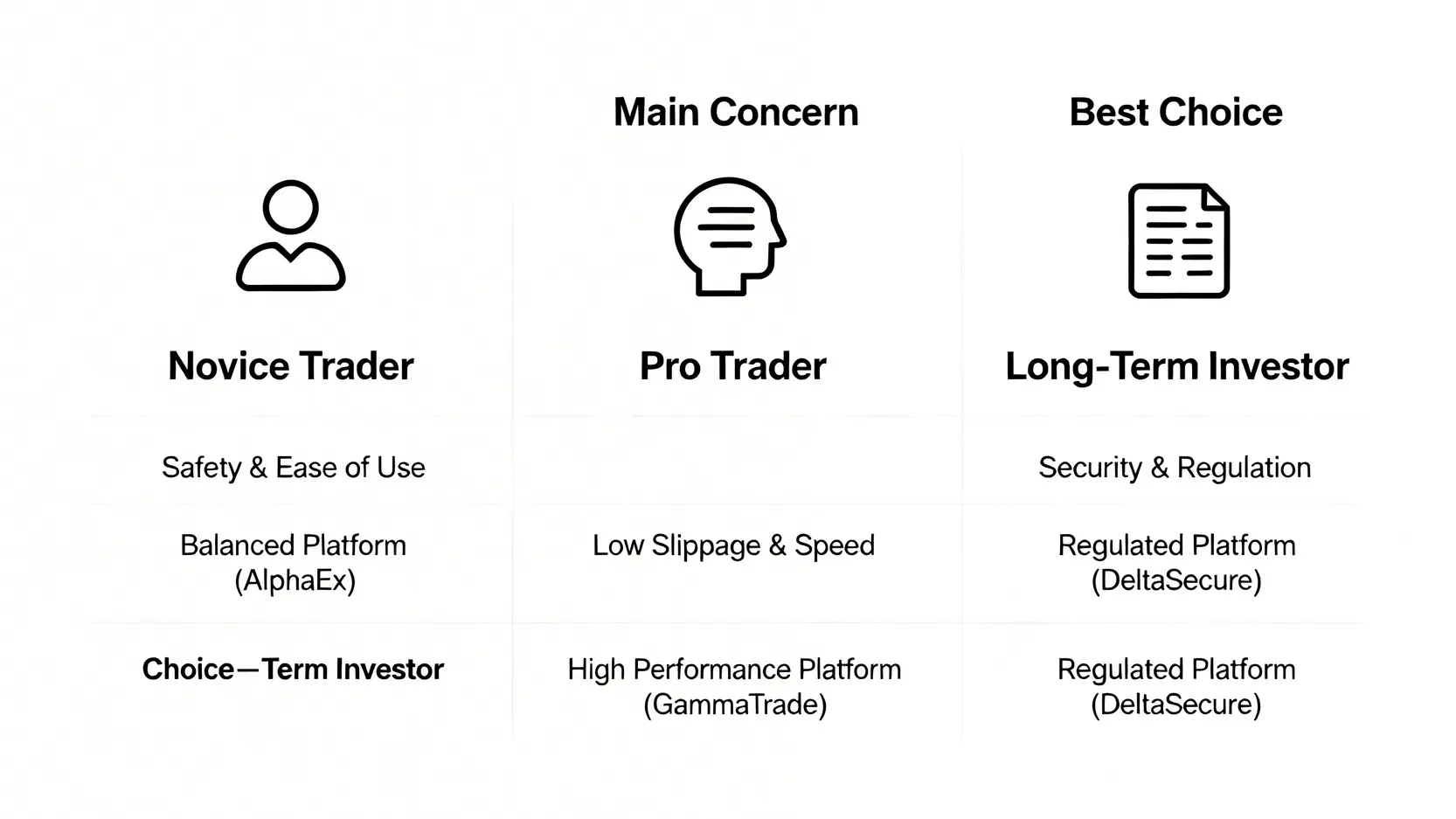 一張資訊圖表,根據三種不同的交易者類型(新手、專業交易者、長期投資者)推薦最適合的交易所類型。