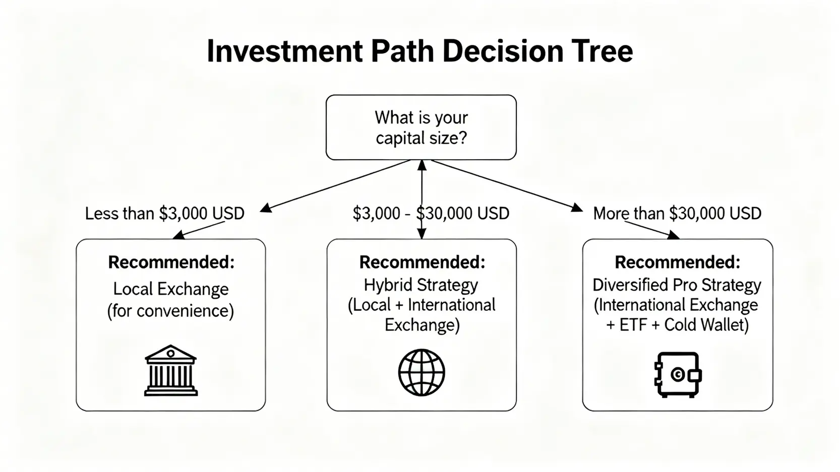 一張投資路徑決策樹流程圖,根據小於3千、3千至3萬、大於3萬美元三種資金規模,分別推薦使用本地交易所、混合策略或專業分散策略。