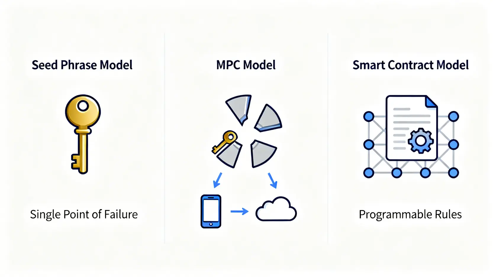 三種比特幣錢包安全模型對比圖:傳統助記詞、MPC多方計算和智能合約錢包。