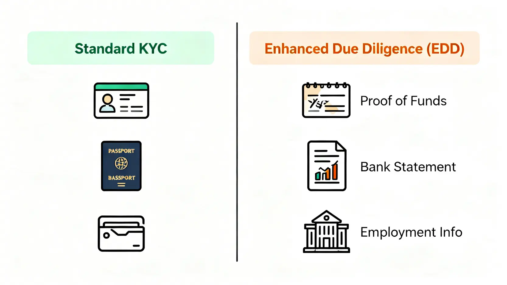 一張對比圖,比較標準KYC身份驗證與增強盡職調查(EDD)所需的不同文件類型。