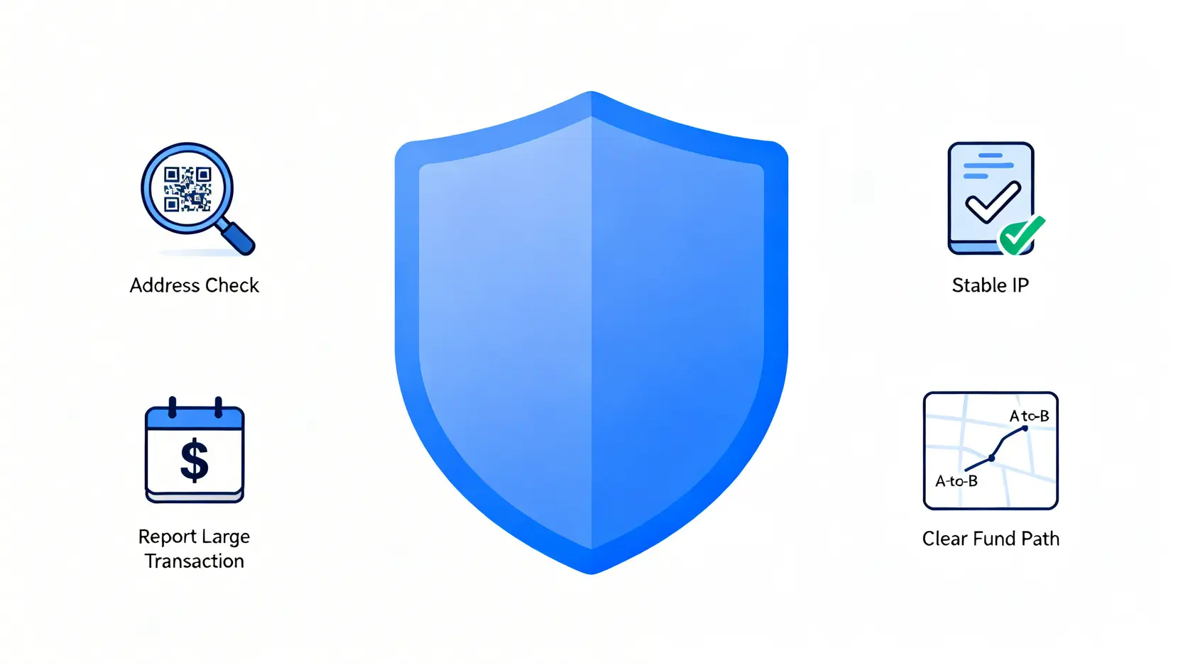 一張概念圖,展示保護帳戶安全的四個關鍵操作:地址檢查、穩定IP、大額報備和清晰的資金路徑。