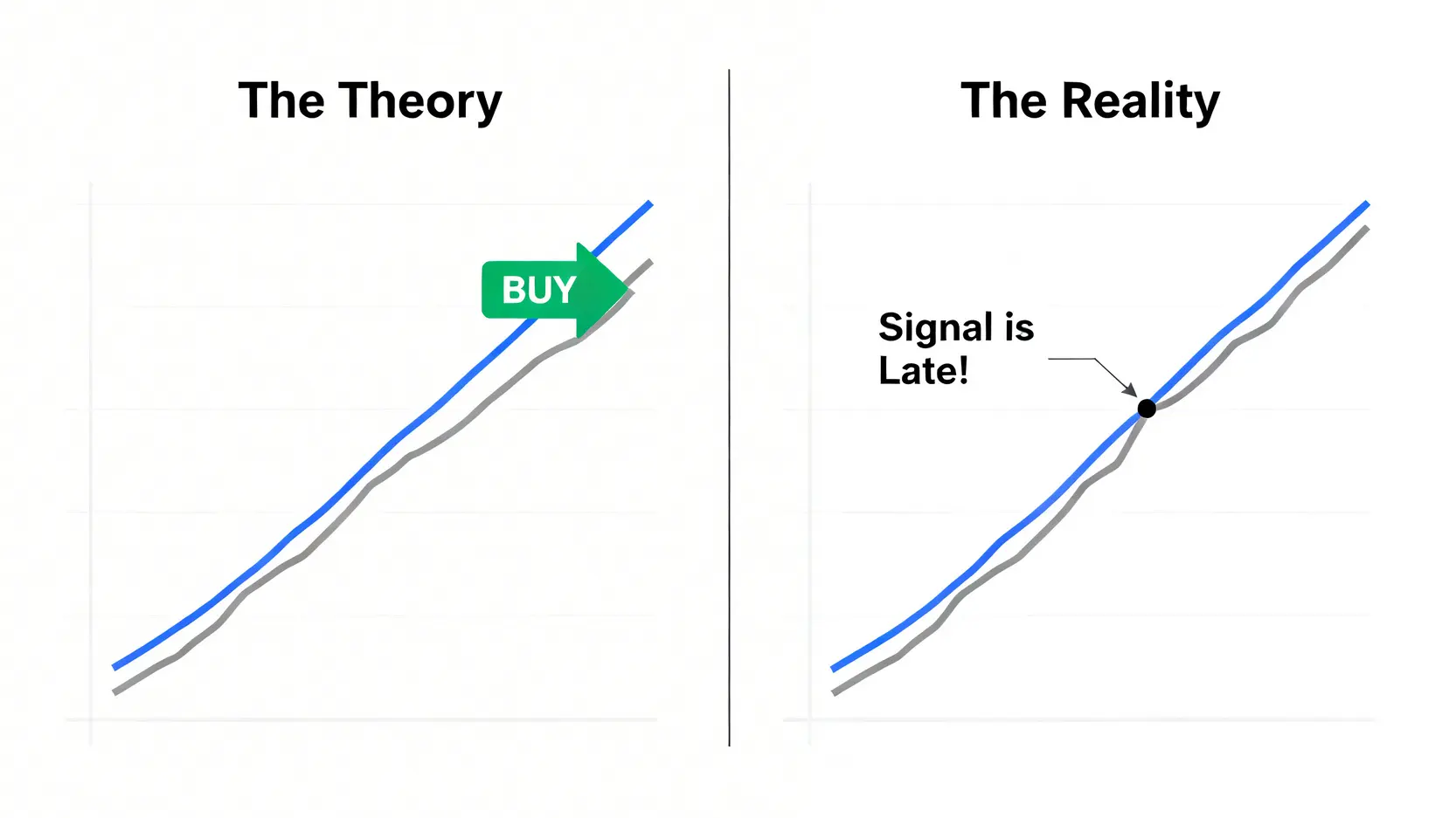移動平均線黃金交叉的理論與現實對比圖,顯示信號的滯後性導致買入點過晚。