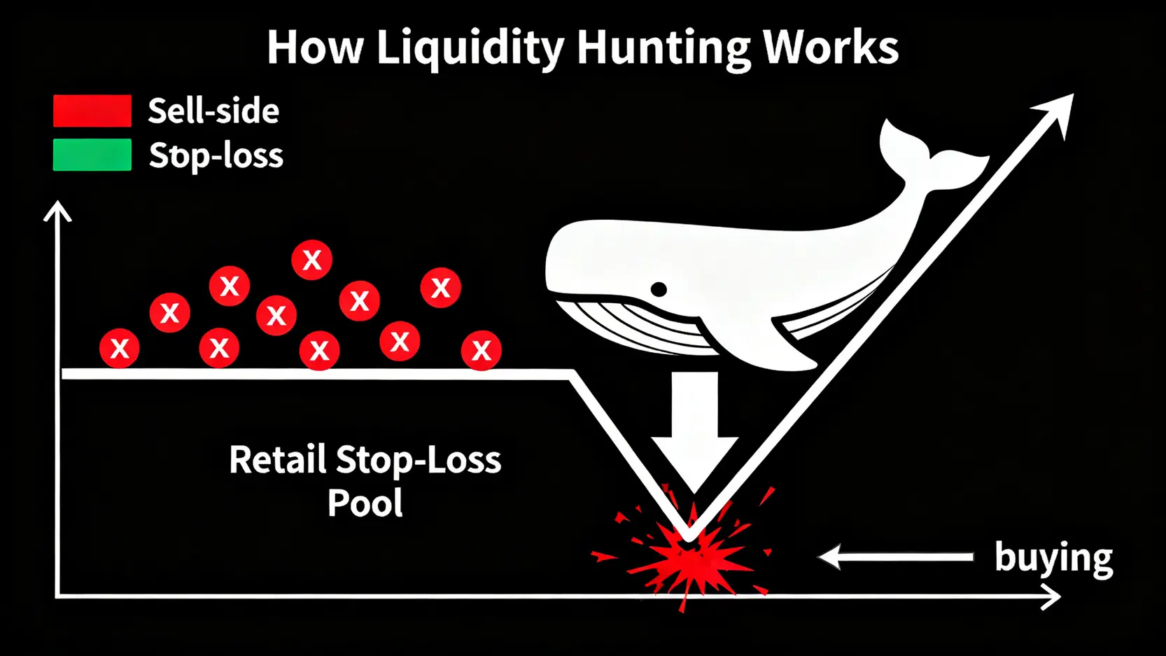 流動性獵殺概念示意圖,展示巨鯨如何將價格推向散戶止損區以完成吸籌。