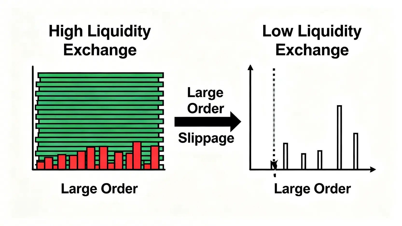 一張對比圖,顯示高流動性交易所與低流動性交易所的訂單簿深度差異,以及大額訂單在兩種情況下造成的不同滑點損失。