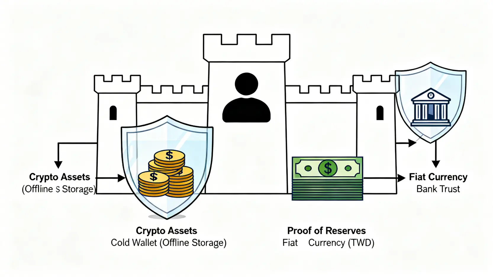 一張安全架構圖,展示冷錢包、儲備證明和銀行信託如何分別保護用戶的加密資產與法幣資金。