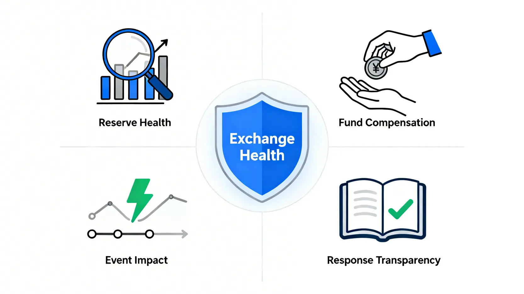 動態風險評估框架示意圖,展示了評估交易所的四個維度:儲備金健康度、資金賠付率、事件影響度和應對透明度。