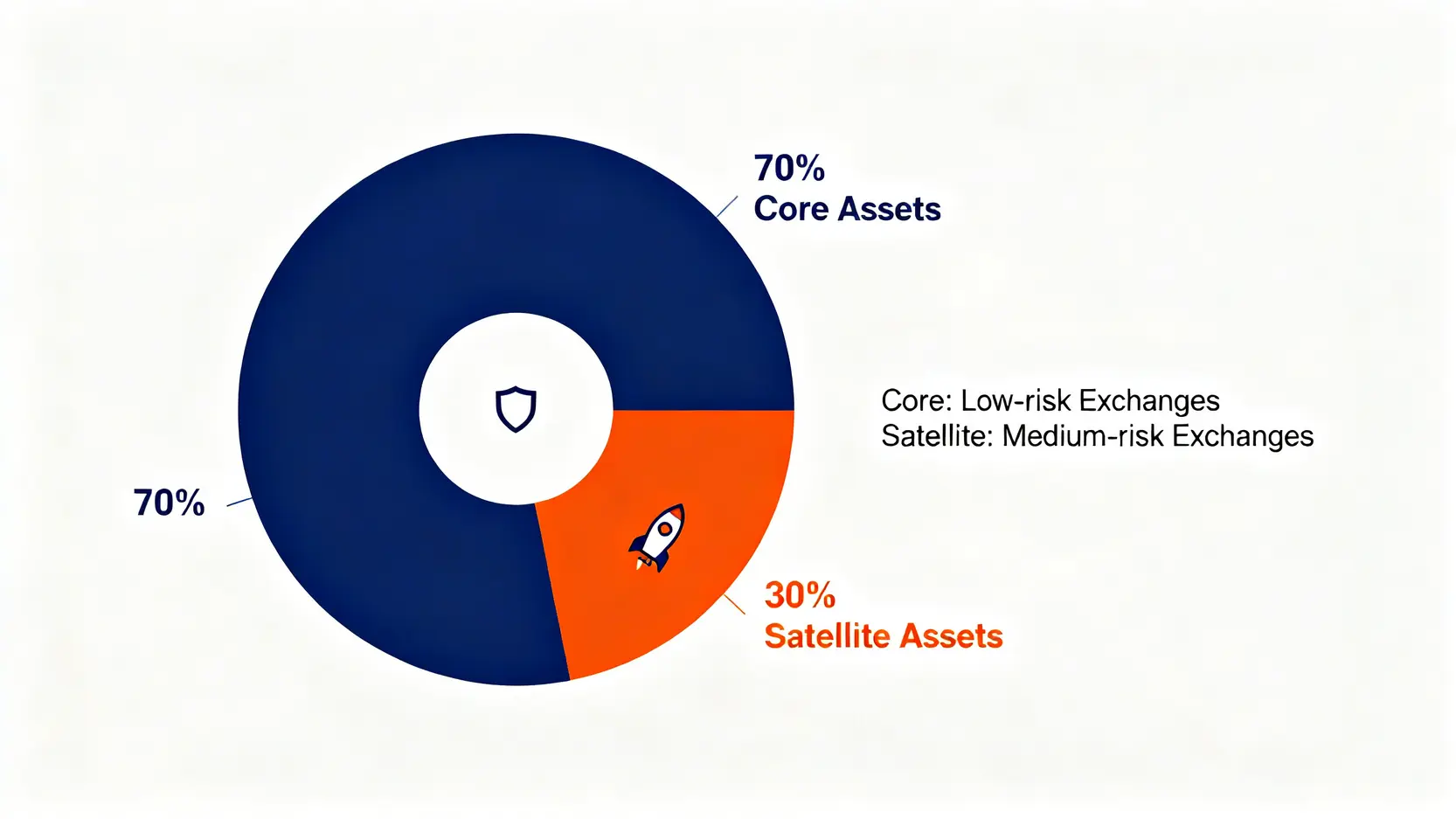 70%核心資產與30%衛星資產的交易所配置策略環圈圖。