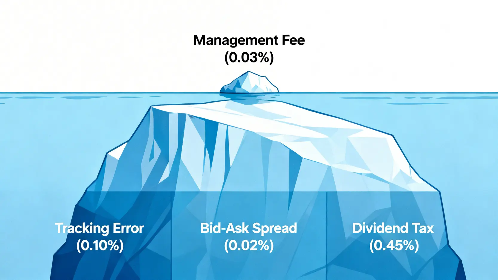 ETF總持有成本的冰山比喻圖,顯示管理費只是冰山一角,水面下有更大的隱形成本如追蹤誤差和稅務。