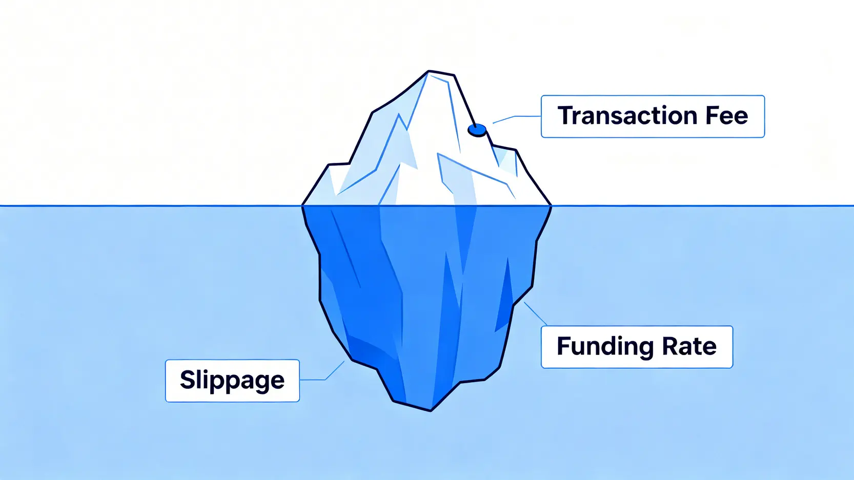 交易成本冰山圖,顯示手續費只是可見的一小部分,而滑價和資金費率是更龐大的隱性成本。