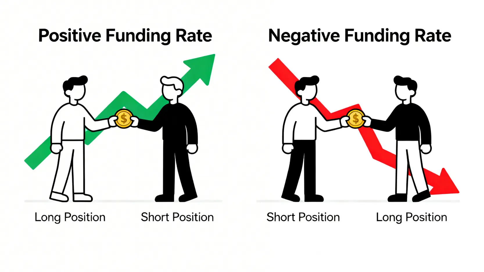 資金費率運作機制示意圖,展示在正費率時多頭支付給空頭,負費率時空頭支付給多頭。