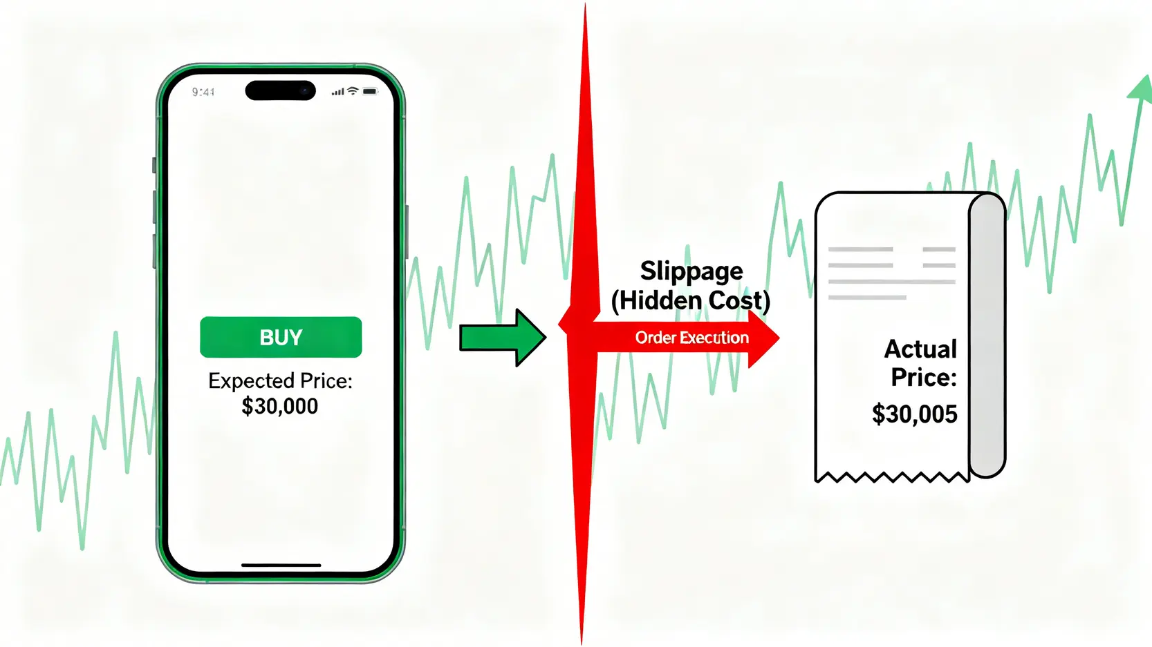 一張概念圖,解釋什麼是交易滑點,顯示預期成交價和實際成交價之間的差異即為隱藏成本。