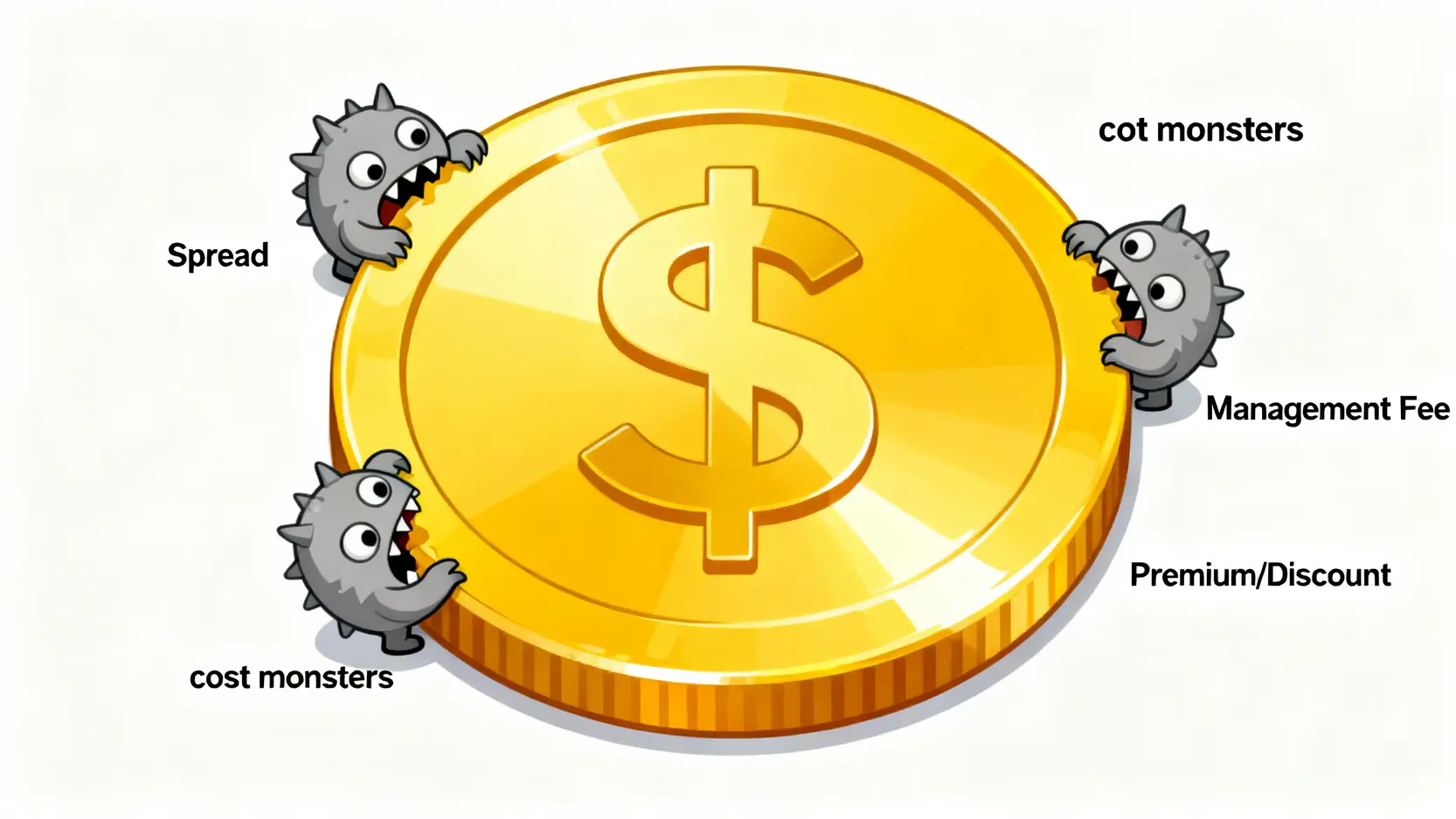 一張概念圖,顯示一枚金幣正被標示著「價差」、「管理費」和「溢價」的成本怪獸侵蝕,說明投資黃金的隱形成本。