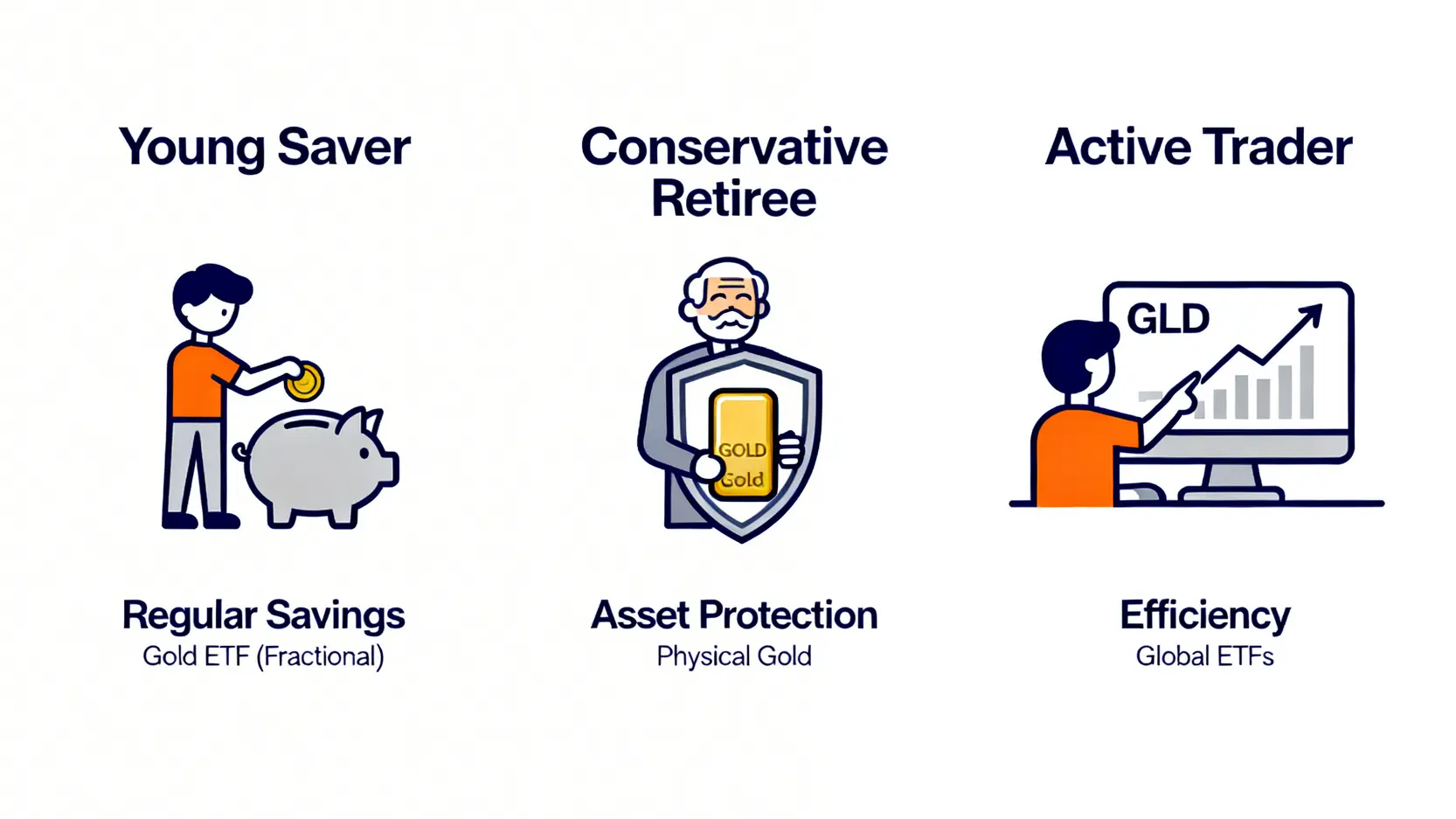 一張對比圖,並列展示三種黃金投資者畫像:存錢的小資族、手持金條的保守退休族、以及在電腦前分析的積極交易者。