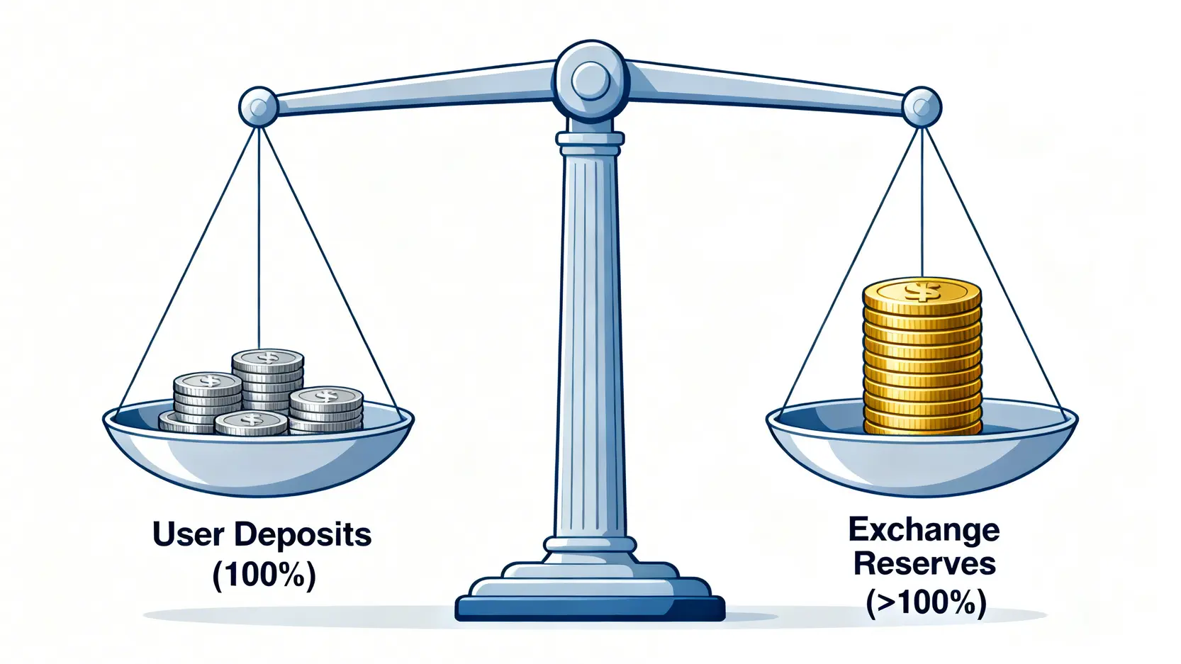 一個說明交易所儲備證明的平衡秤示意圖,顯示交易所儲備資產(金色)多於用戶存款(銀色),象徵資金安全。