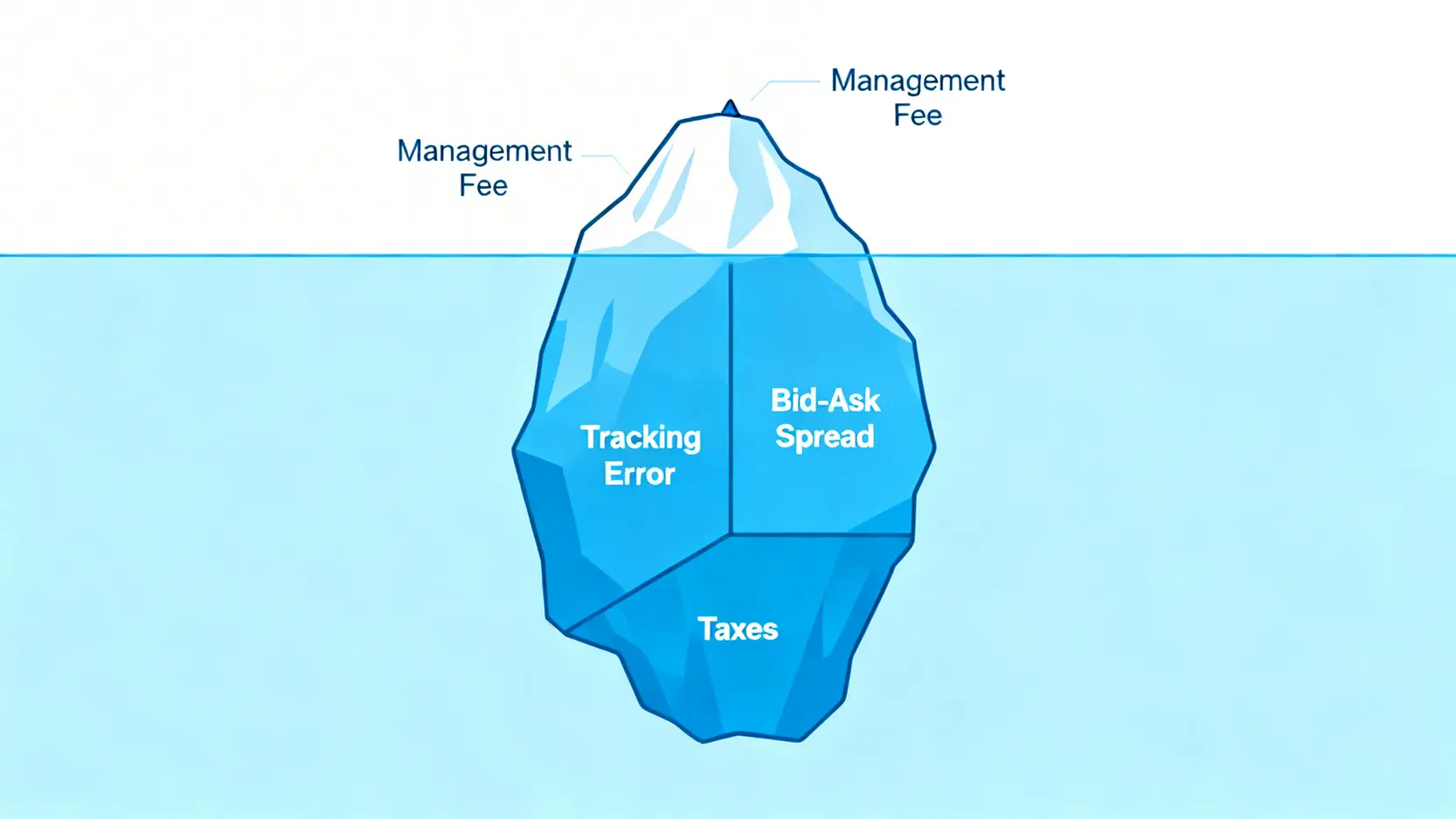 ETF總持有成本冰山圖,顯示管理費是可見成本,而追蹤誤差、買賣價差和稅務是更大的隱藏成本。