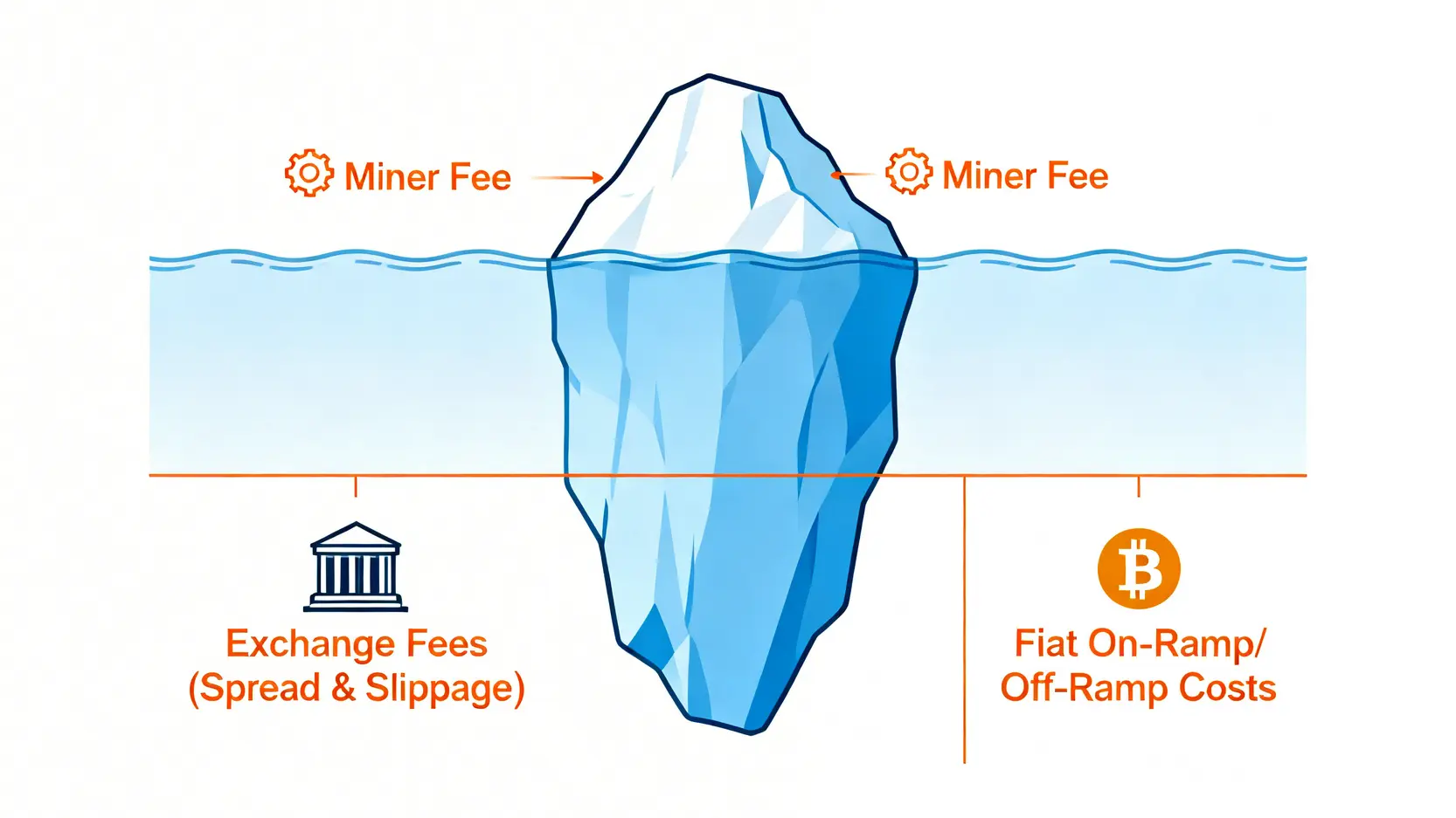 一張冰山圖,揭示比特幣交易的完整成本結構,包含礦工費、交易所費用與法幣出入金成本。