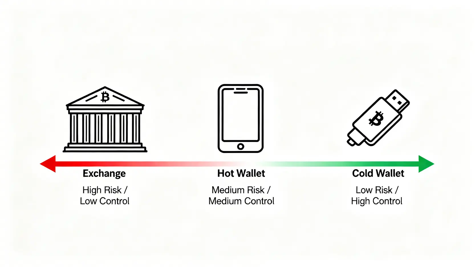 一張對比圖,展示了從高風險的交易所到中等風險的熱錢包,再到低風險的冷錢包的比特幣託管安全性光譜。