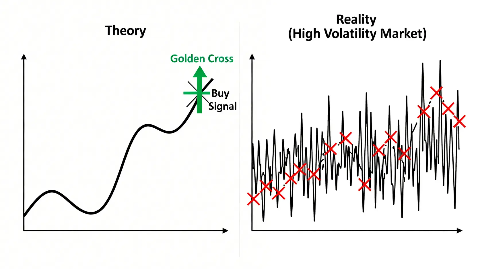 對比圖,說明技術指標理論與實際市場的差異,左側為理想的黃金交叉買入信號,右側為比特幣高波動市場中充滿假信號的混亂現實。