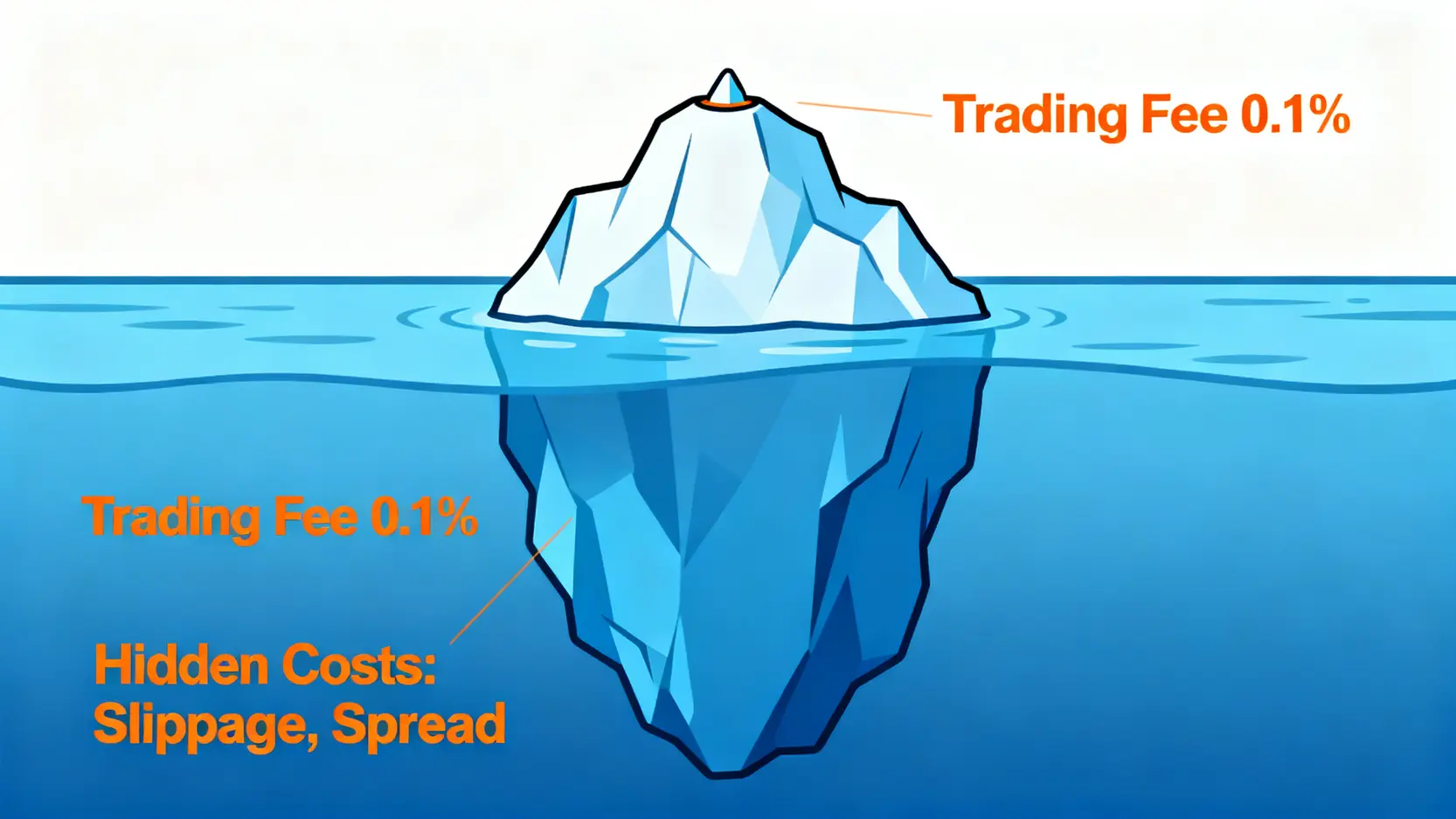 交易總成本冰山圖,顯示可見的手續費只是冰山一角,而更大的隱藏成本如滑點和價差則在水面之下。