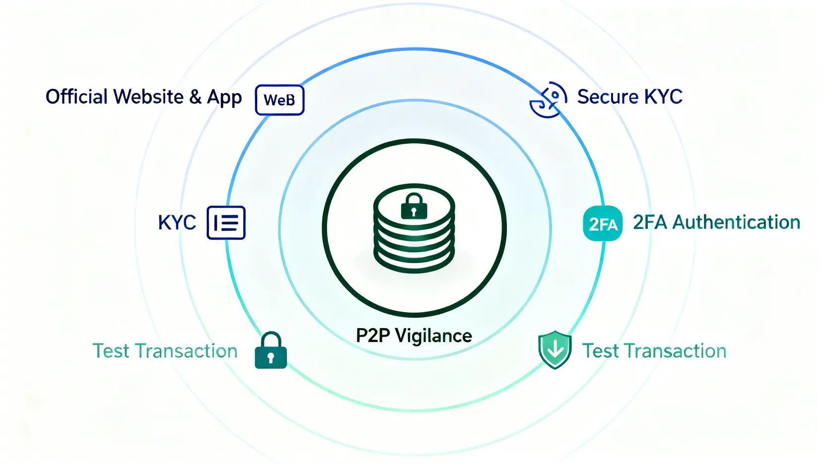 一張安全防護示意圖,展示了保護加密資產的五個層次,包括官方網站、KYC、兩步驟驗證、小額測試和C2C安全。