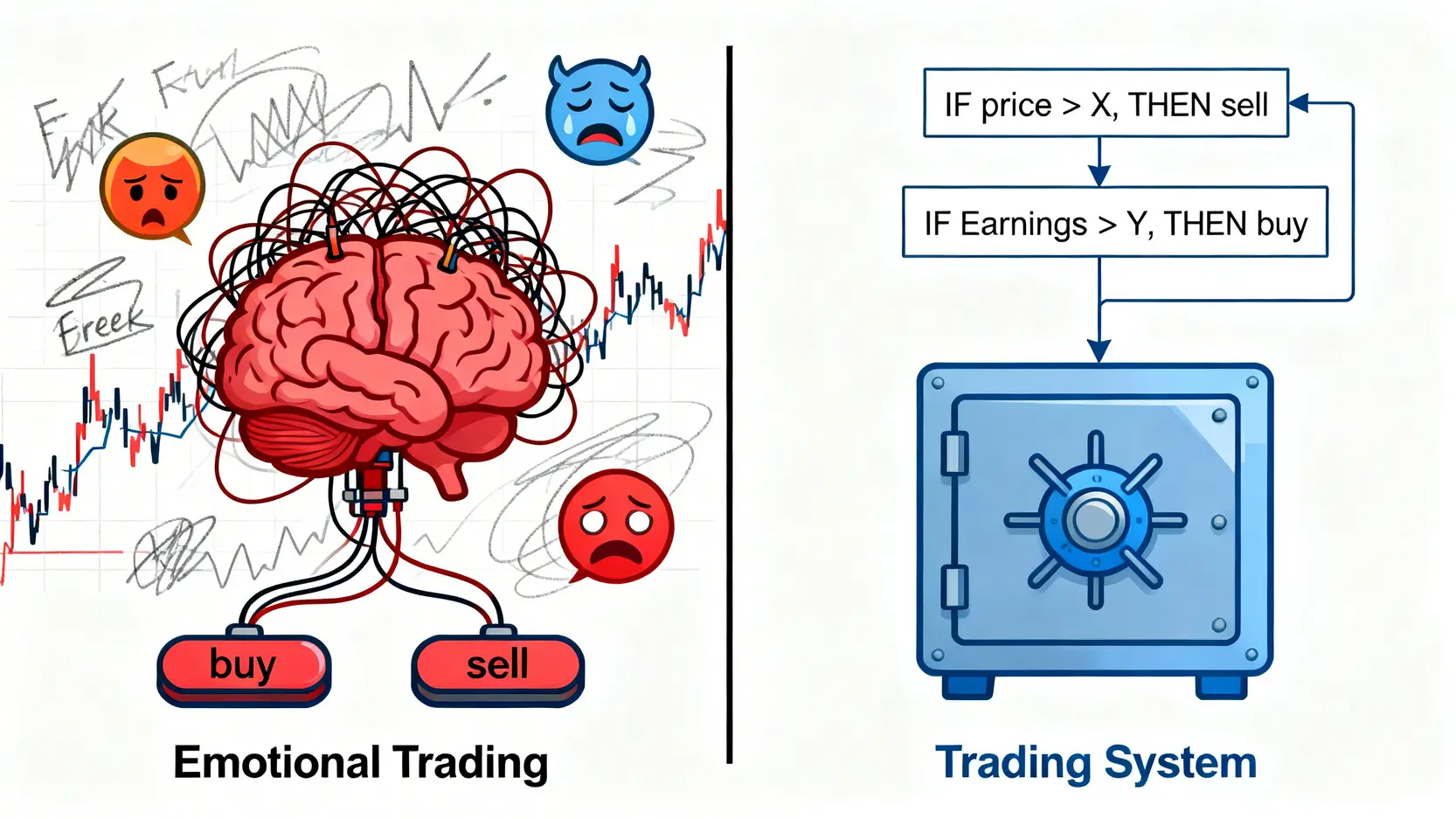 一張對比圖,左邊是代表情緒化交易的混亂大腦,右邊是代表系統化交易的清晰流程圖。