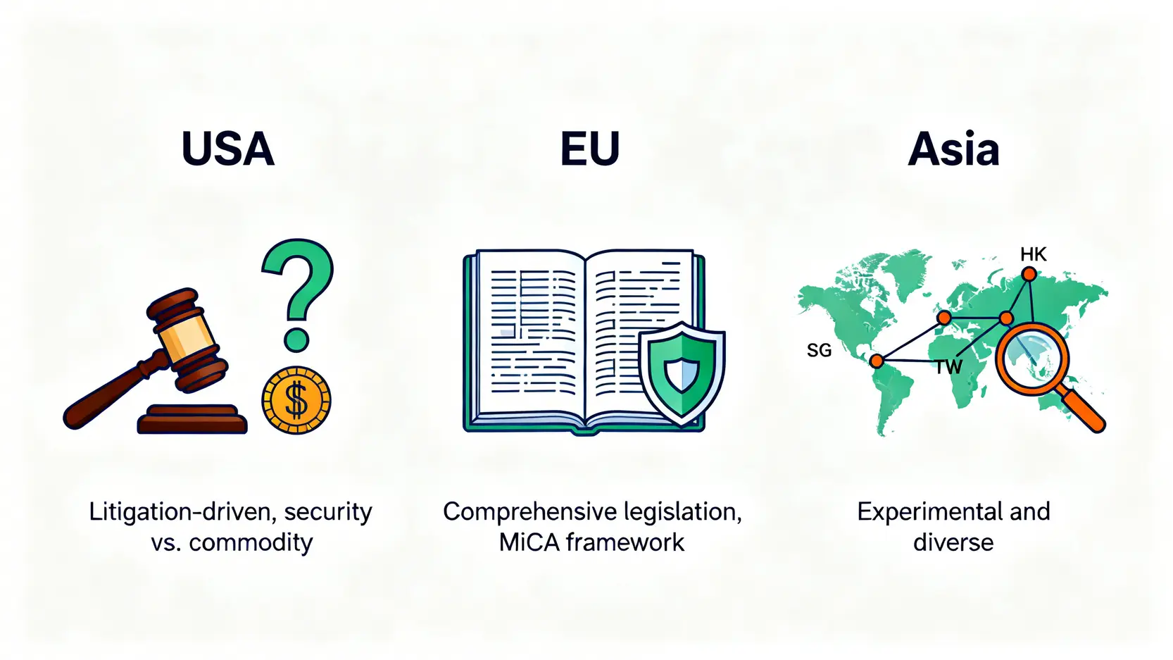 三大監管陣營對比圖,展示美國、歐盟和亞洲在加密貨幣監管上的不同策略。