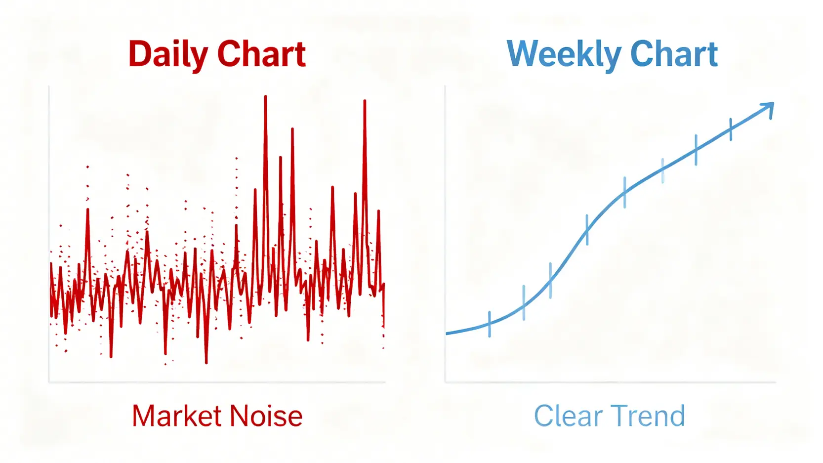 一張對比圖,左邊是充滿市場噪音的比特幣日線圖,呈現混亂的波動;右邊是過濾掉噪音的週線圖,趨勢清晰向上。