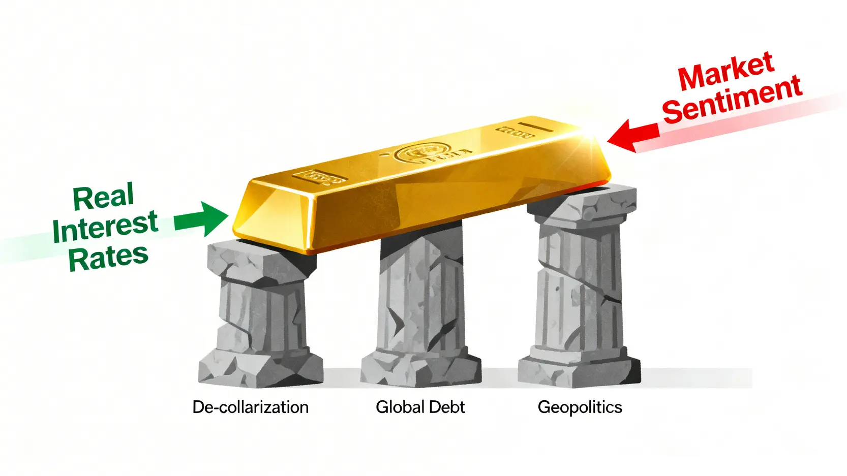 2026年影響金價的五大因素示意圖,包含三大支撐與兩大變數。