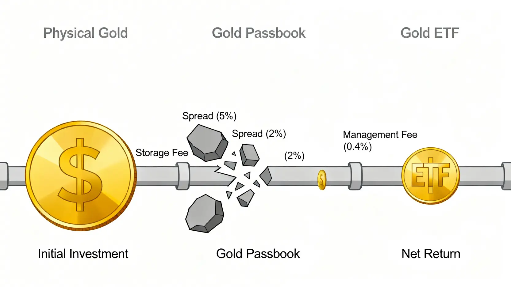 三種黃金投資管道的總持有成本對比圖,顯示實體黃金、黃金存摺和黃金ETF的成本差異。