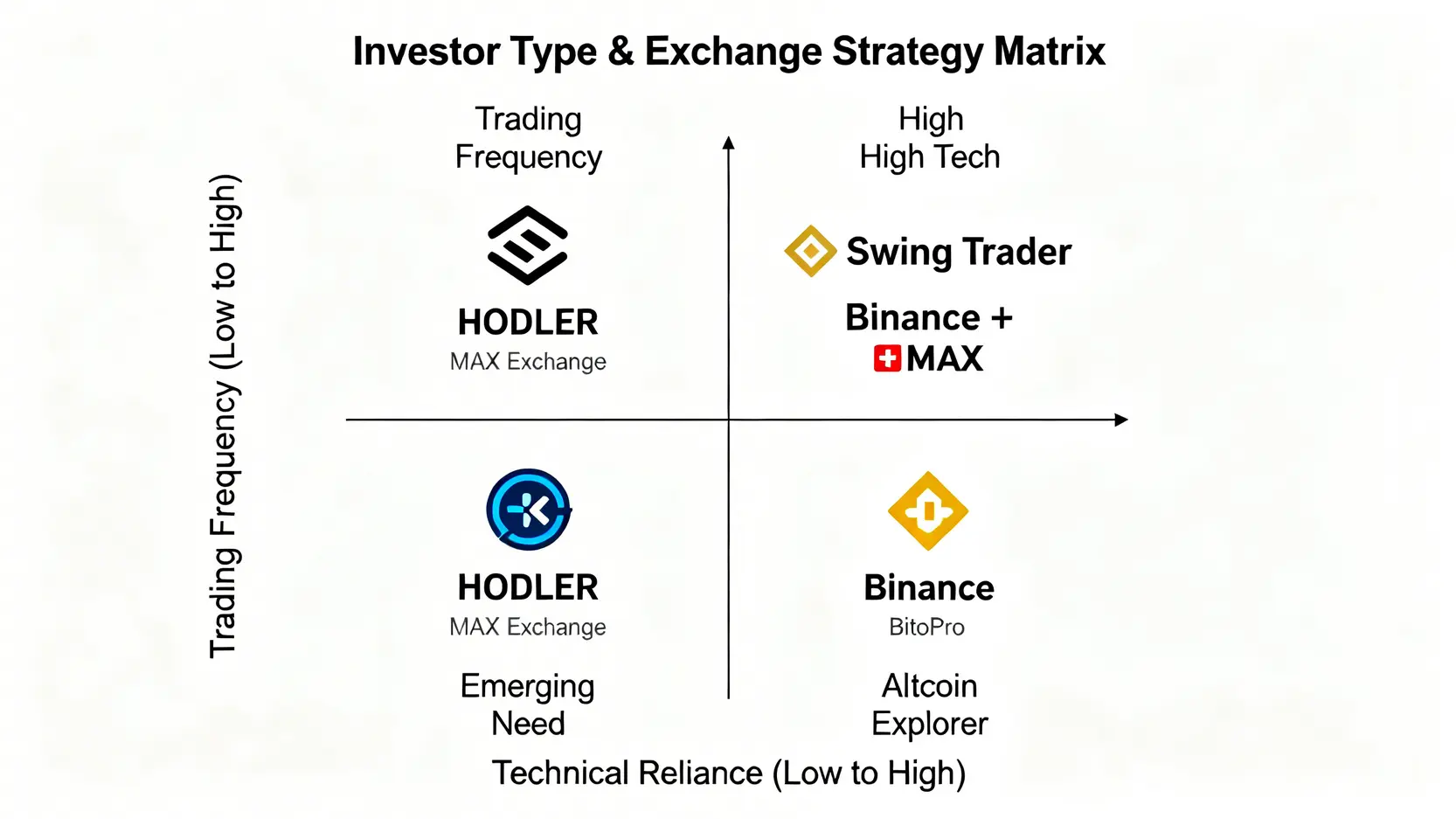 投資者類型與交易所選擇策略四象限矩陣圖,為存幣族、波段交易者、小幣探險家等推薦適合的平台。