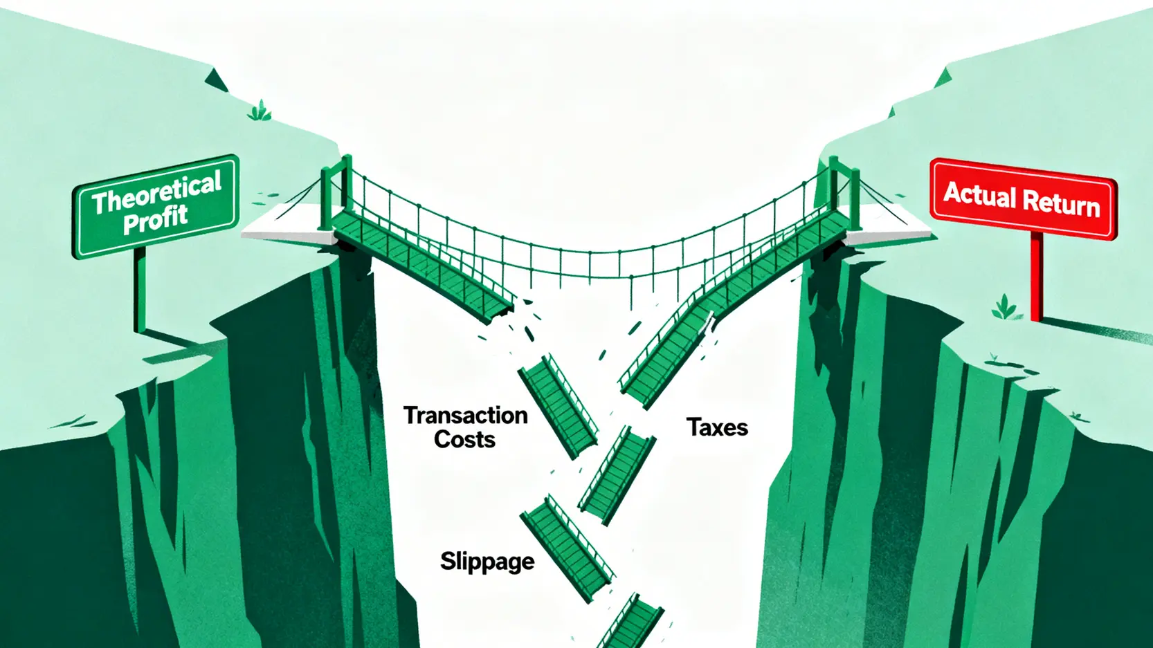 一張概念圖,展示了理論獲利與實際回報之間的鴻溝,交易成本、稅金和滑點是導致鴻溝的崩塌橋樑。