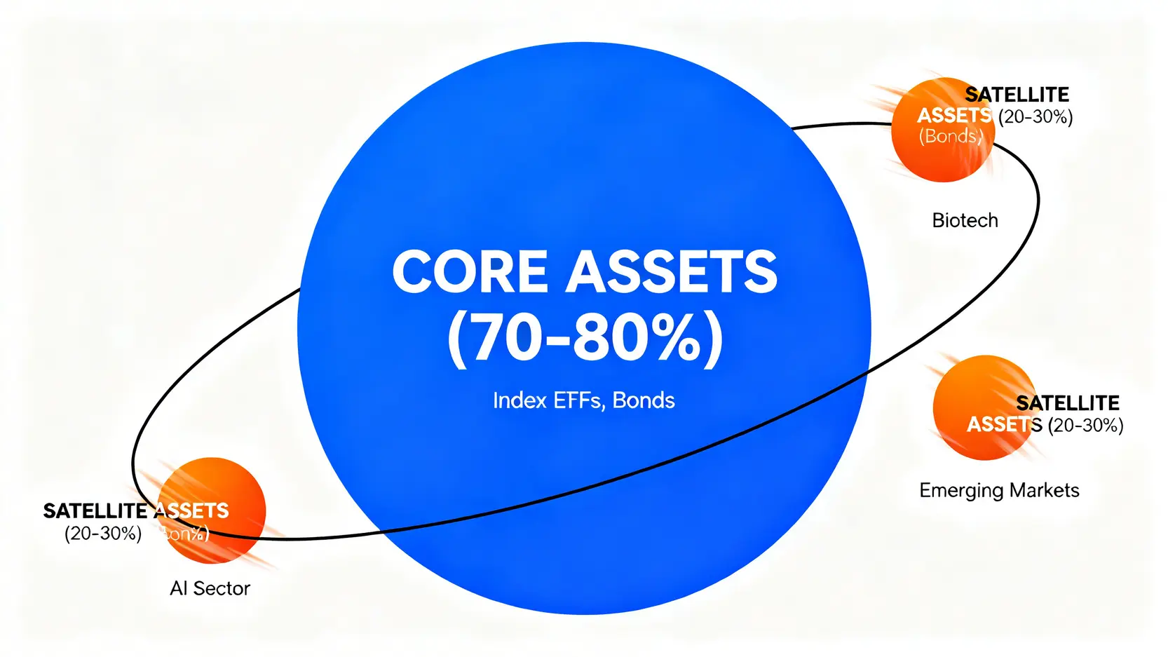 核心衛星投資策略示意圖,中間是佔比70-80%的核心資產,如ETF和債券;外圍環繞著佔比20-30%的衛星資產,如AI、生物科技等。