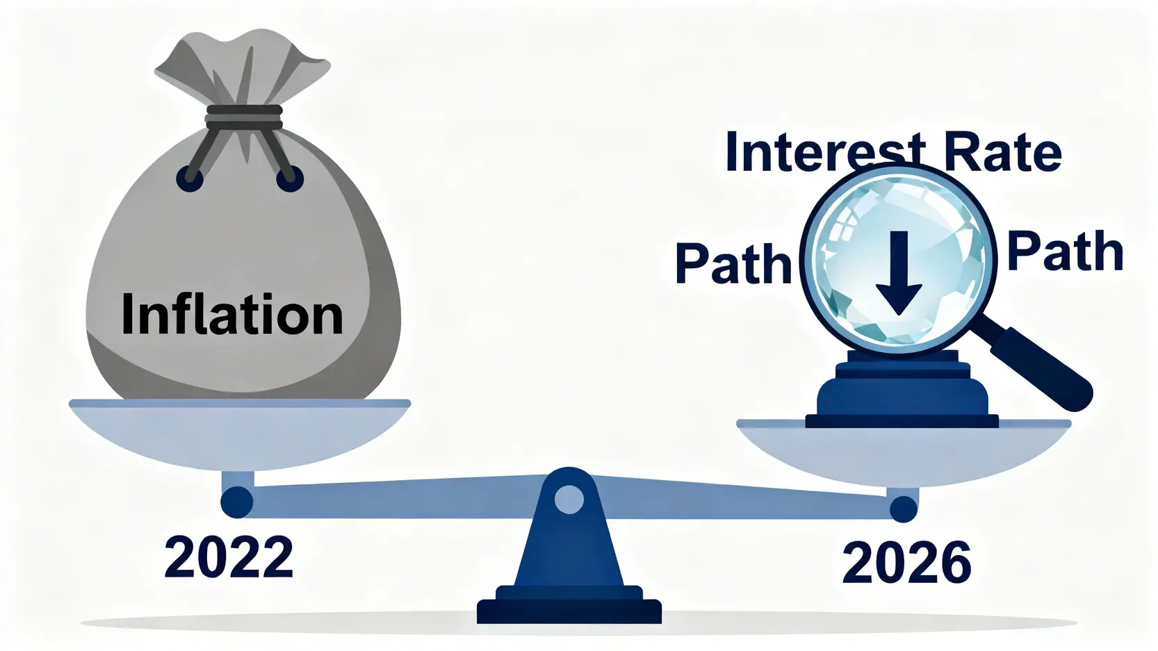 一張概念圖,比較2022年和2026年的市場焦點。2022年這邊是一個標有「通膨」的沉重砝碼,2026年這邊則是一個聚焦於「利率路徑」水晶球的放大鏡,說明市場關注重點的轉變。
