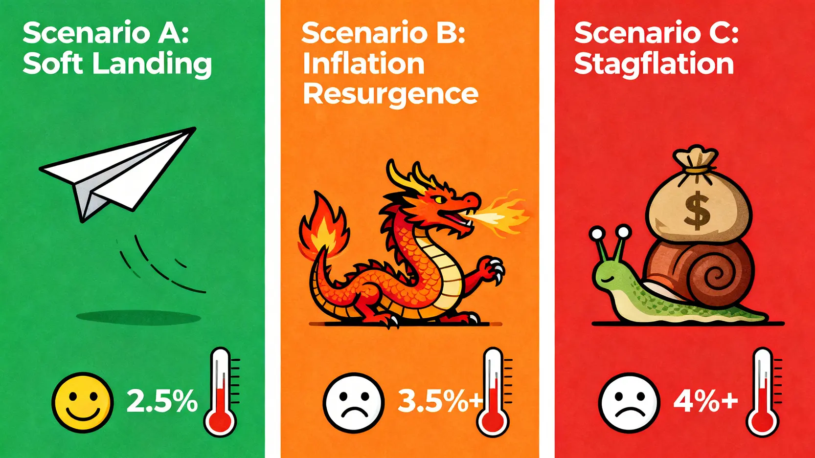 三種通膨情境對比圖。左邊是軟著陸,圖示為平穩下降的飛機;中間是通膨復燃,圖示為噴火的龍;右邊是停滯性通膨,圖示為背著錢袋的蝸牛。